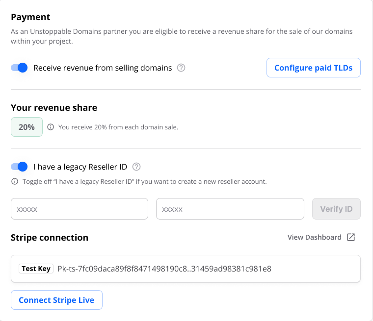 Stripe account connected and revenue share configuration complete