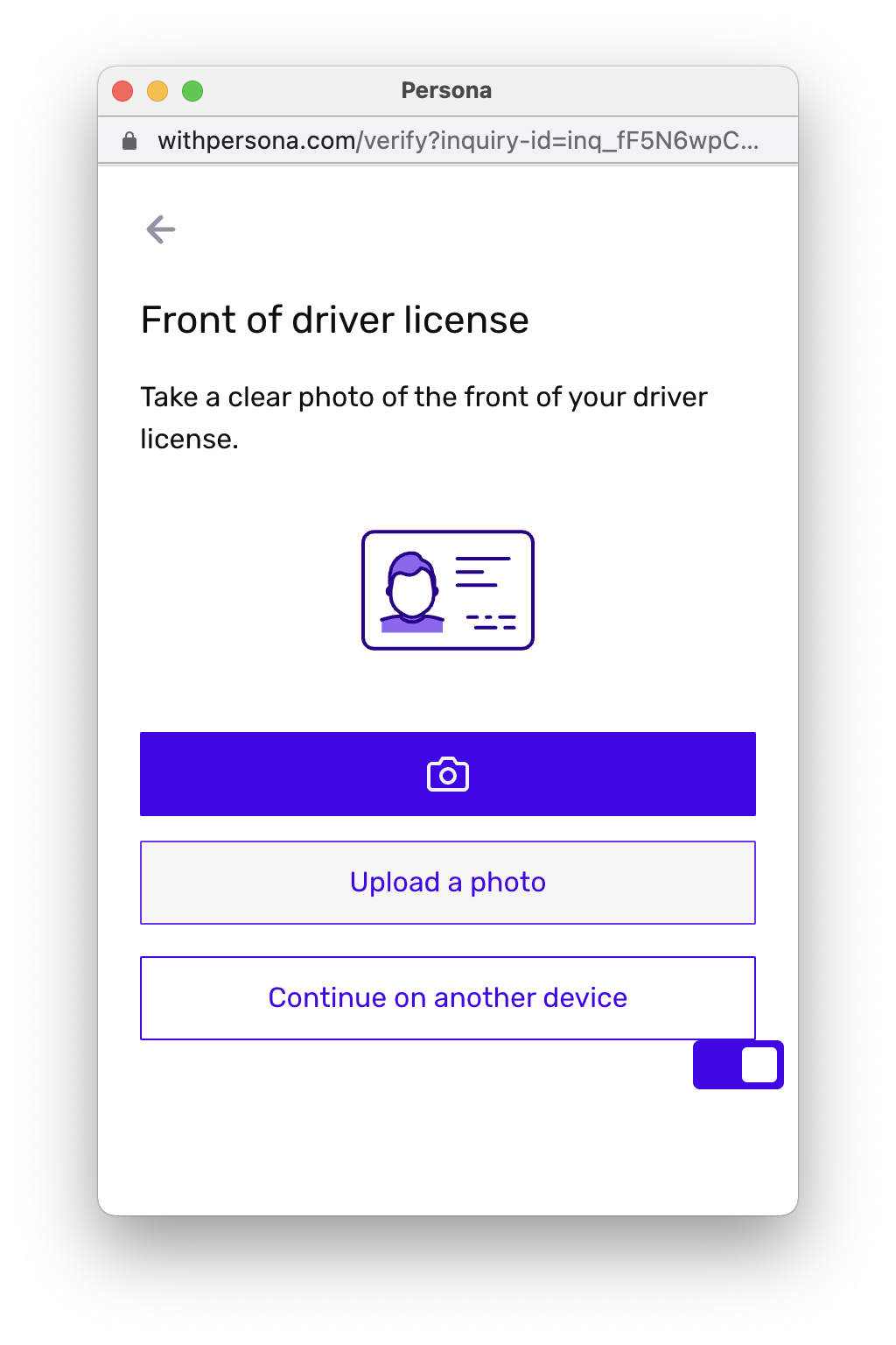 Upload Drivers License UI screen for Persona